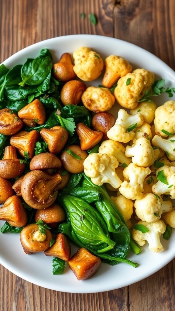 A plate with sautéed spinach, garlic butter mushrooms, and roasted cauliflower, garnished with herbs on a rustic table.